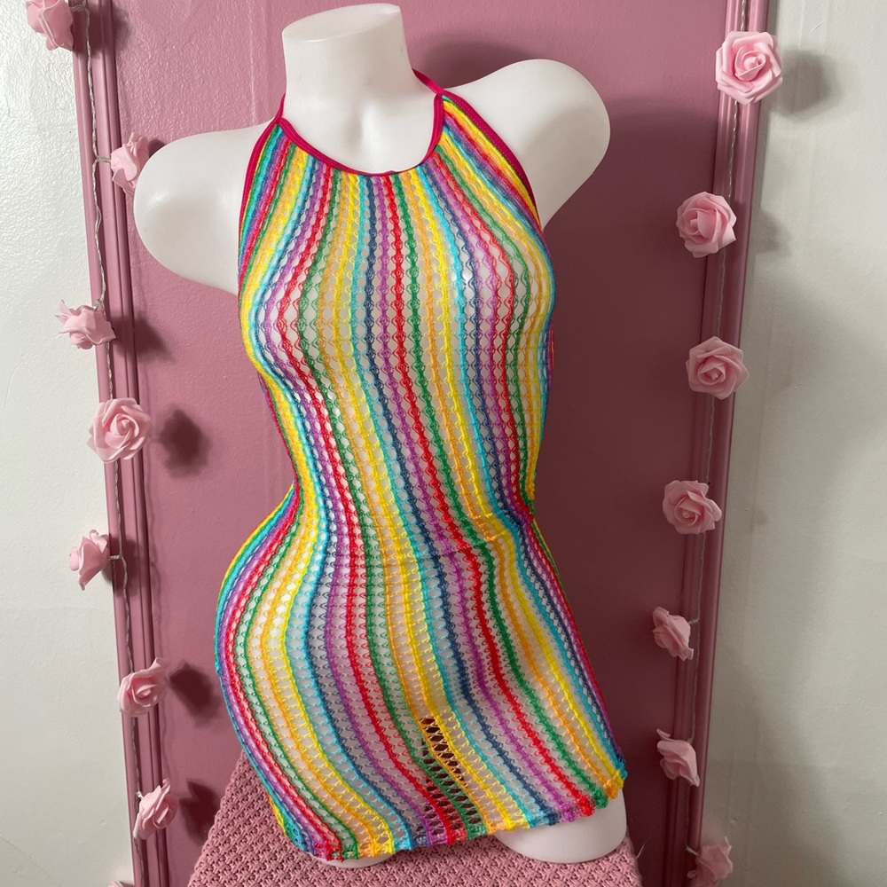🌈 Medium - lingerie dress rainbow mesh fishnet paréo see-trough